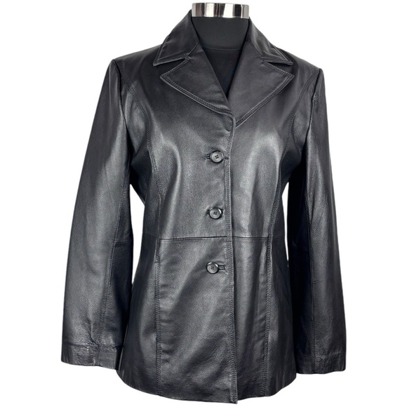 VINTAGE 90S NEW YORK & CO BLACK LEATHER NOTCHED COLLAR BUTTON DOWN BLAZER JACKET - Picture 4 of 13